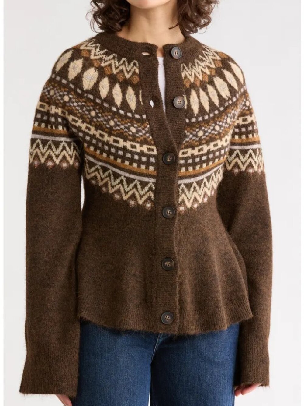 Blanknyc Brown Cream Fair Isle Peplum Cardigan Wool Blend Rustic sz Small NWT